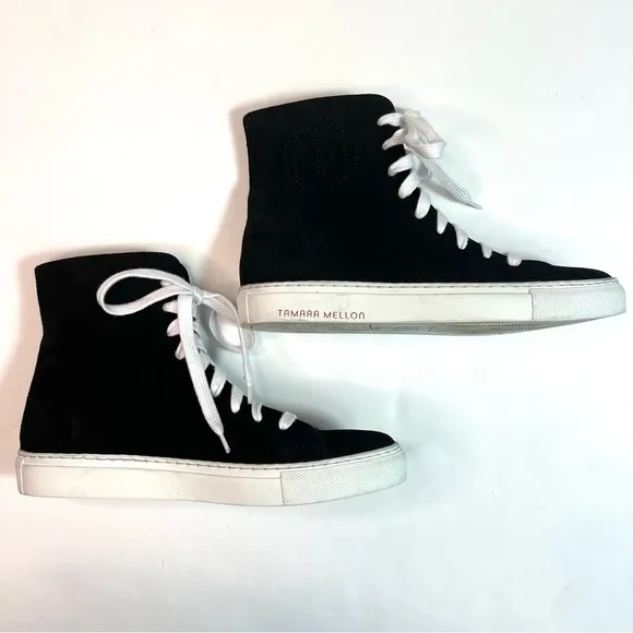 Tamara Mellon THC High Top Black Suede Lace Up Sneakers Size EU 36.5 - US 6.5