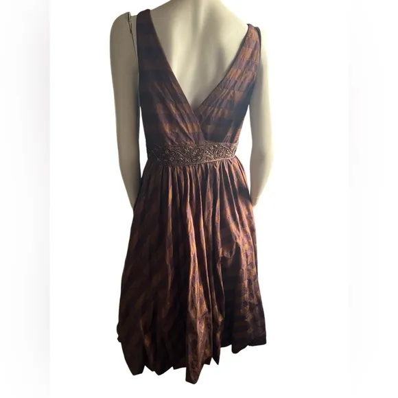 Teri Jon by Rickie Freeman Silk Bronze Purple Beaded Sleeveless Midi Dress SZ 10