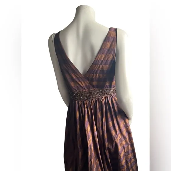 Teri Jon by Rickie Freeman Silk Bronze Purple Beaded Sleeveless Midi Dress SZ 10