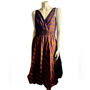 Teri Jon by Rickie Freeman Silk Bronze Purple Beaded Sleeveless Midi Dress SZ 10
