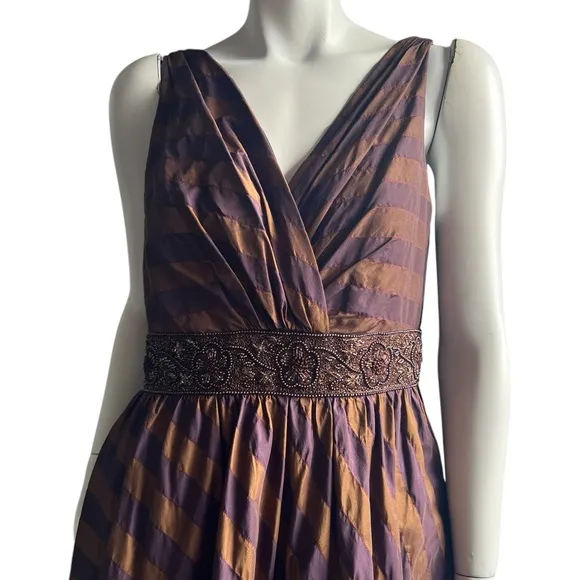Teri Jon by Rickie Freeman Silk Bronze Purple Beaded Sleeveless Midi Dress SZ 10