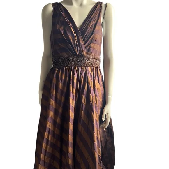 Teri Jon by Rickie Freeman Silk Bronze Purple Beaded Sleeveless Midi Dress SZ 10