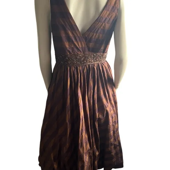 Teri Jon by Rickie Freeman Silk Bronze Purple Beaded Sleeveless Midi Dress SZ 10