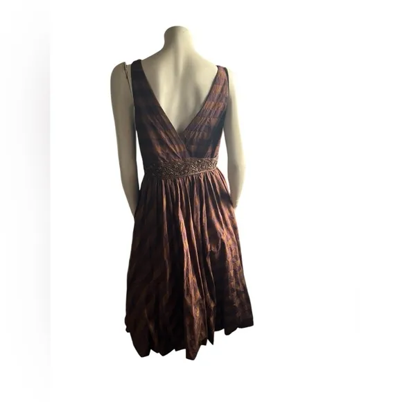 Teri Jon by Rickie Freeman Silk Bronze Purple Beaded Sleeveless Midi Dress SZ 10