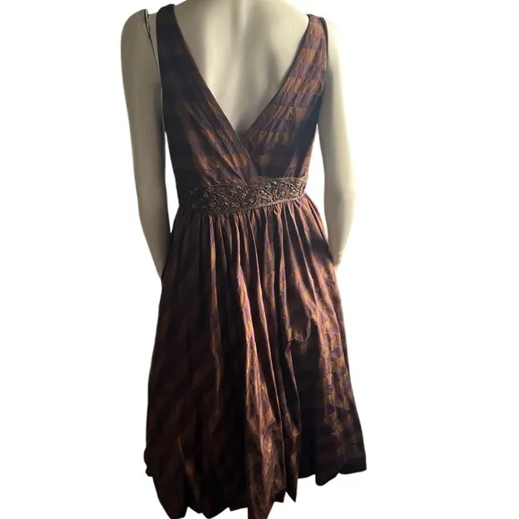 Teri Jon by Rickie Freeman Silk Bronze Purple Beaded Sleeveless Midi Dress SZ 10
