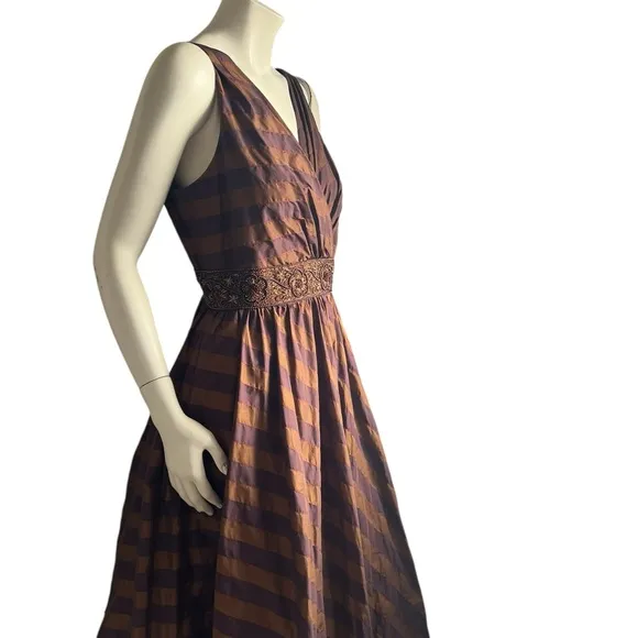 Teri Jon by Rickie Freeman Silk Bronze Purple Beaded Sleeveless Midi Dress SZ 10