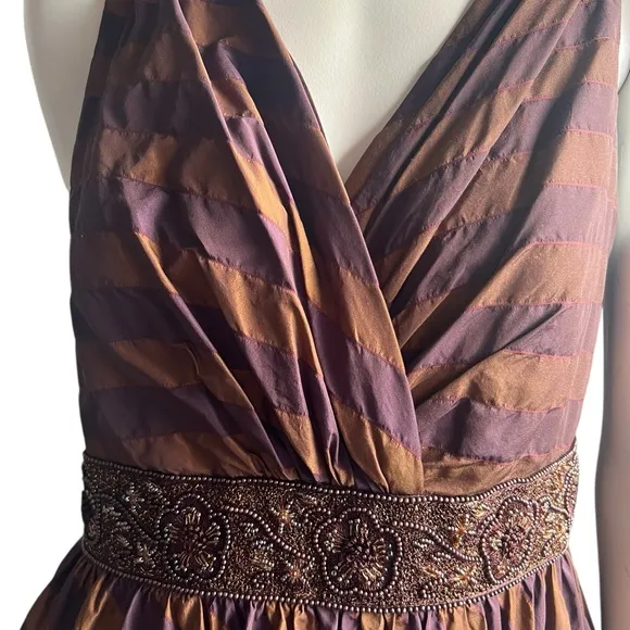 Teri Jon by Rickie Freeman Silk Bronze Purple Beaded Sleeveless Midi Dress SZ 10