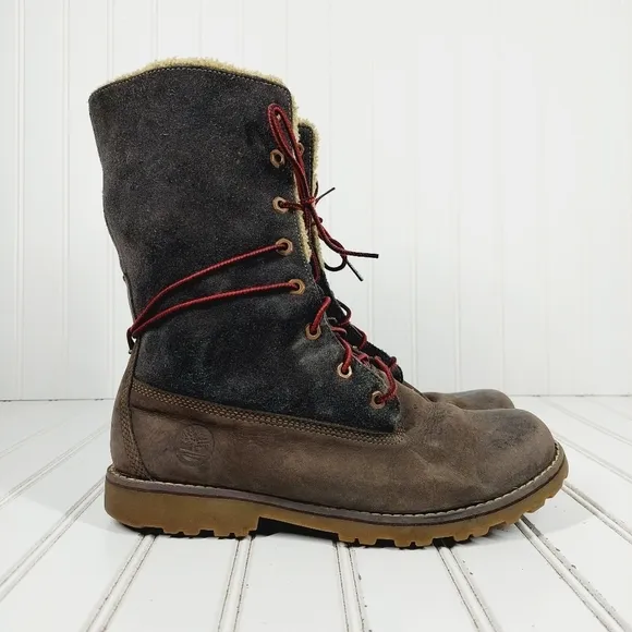 Timberland Men's Waterproof Tall Fold Over Brown Leather Shearling Boots H834