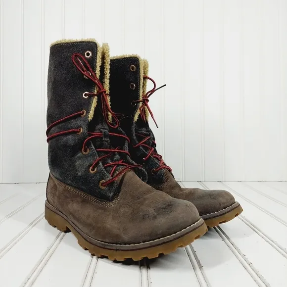 Timberland Men's Waterproof Tall Fold Over Brown Leather Shearling Boots H834