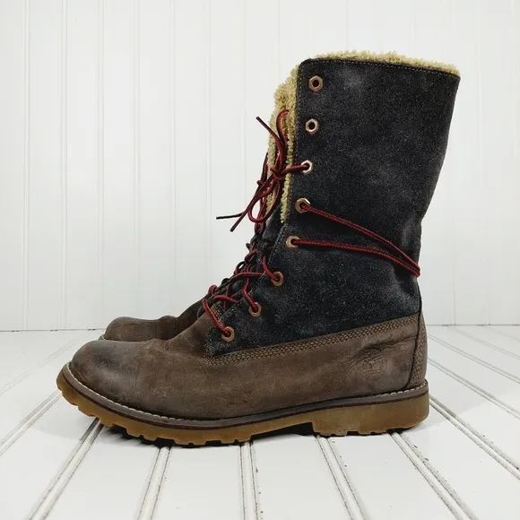 Timberland Men's Waterproof Tall Fold Over Brown Leather Shearling Boots H834