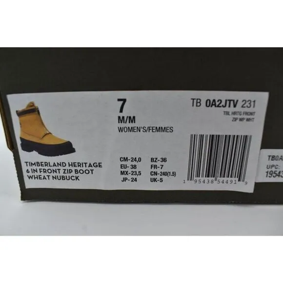 Timberland Heritage Womens Size 7 Modern Zip 6in Wheat Nubuck Waterproof Boots