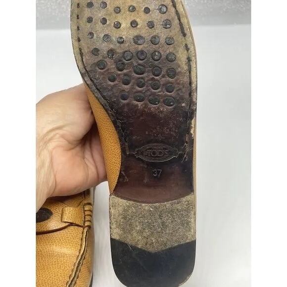 TOD'S Leather Women's Shoes Loafers Yellow/orange Pebble Leather Sz 37 Us 6