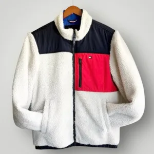 TOMMY‎ HILFIGER Color Blocked Sherpa Coat | Cream • Navy• Red | Size Small