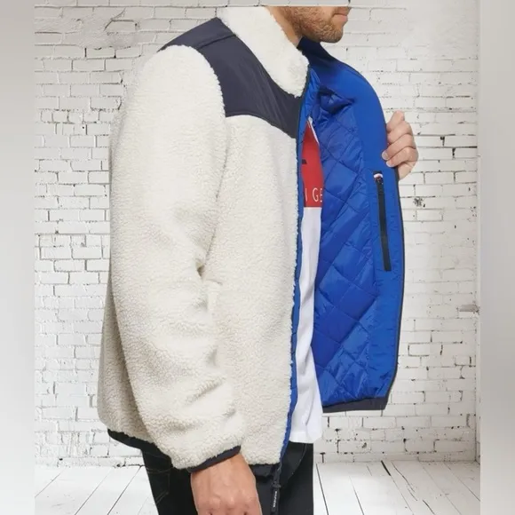 TOMMY‎ HILFIGER Color Blocked Sherpa Coat | Cream • Navy• Red | Size Small
