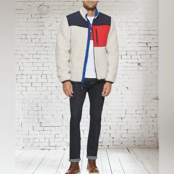 TOMMY‎ HILFIGER Color Blocked Sherpa Coat | Cream • Navy• Red | Size Small