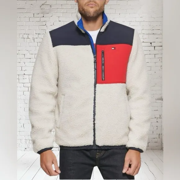 TOMMY‎ HILFIGER Color Blocked Sherpa Coat | Cream • Navy• Red | Size Small