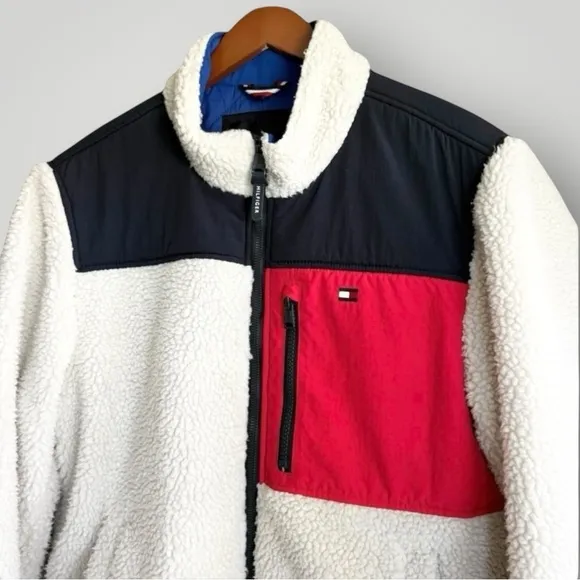 TOMMY‎ HILFIGER Color Blocked Sherpa Coat | Cream • Navy• Red | Size Small