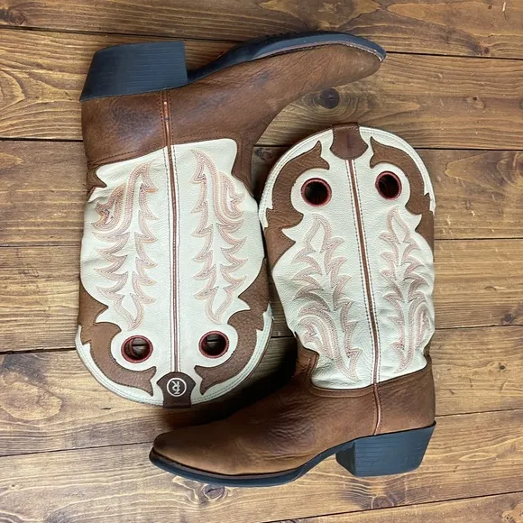 Tony lama ivory and tan square toe western cowboy boots size 4.5D