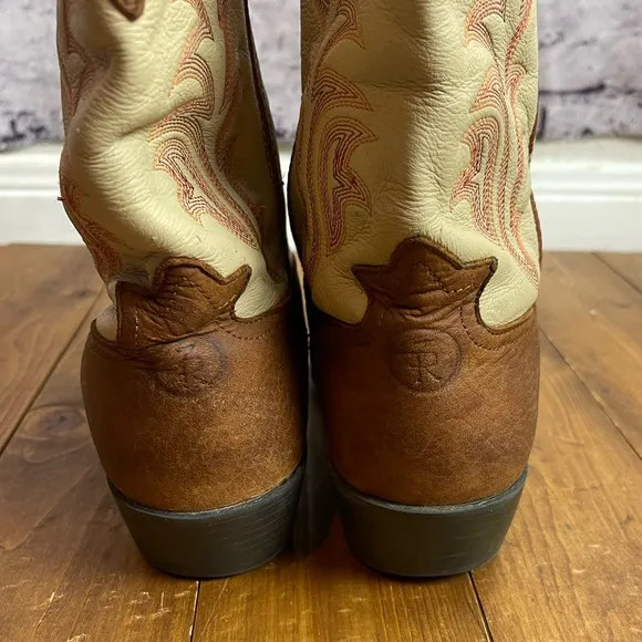 Tony lama ivory and tan square toe western cowboy boots size 4.5D