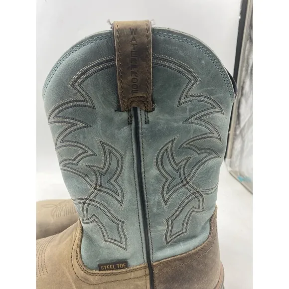 Tony lama mens 11D brown leather blue square steel toe cowboy boots roustabout