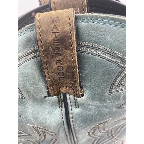 Tony lama mens 11D brown leather blue square steel toe cowboy boots roustabout