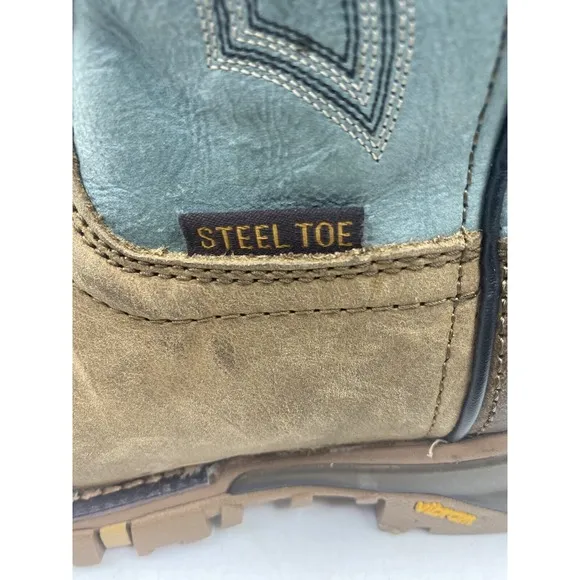 Tony lama mens 11D brown leather blue square steel toe cowboy boots roustabout