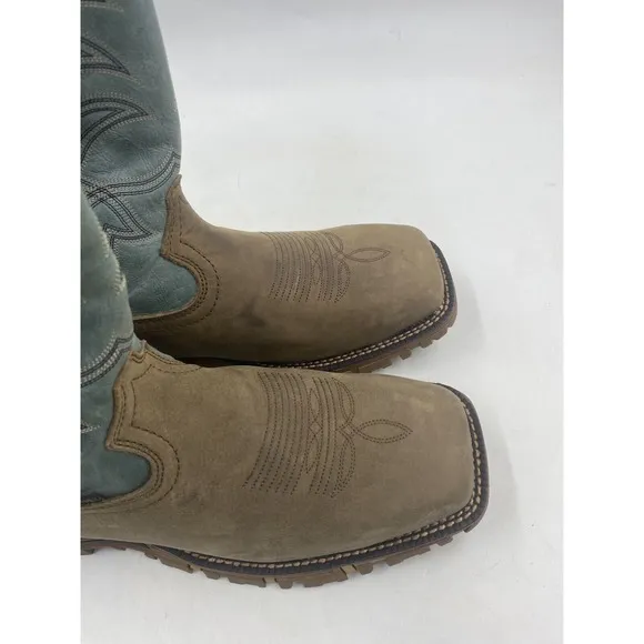 Tony lama mens 11D brown leather blue square steel toe cowboy boots roustabout