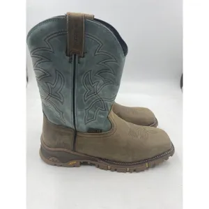 Tony lama mens 11D brown leather blue square steel toe cowboy boots roustabout