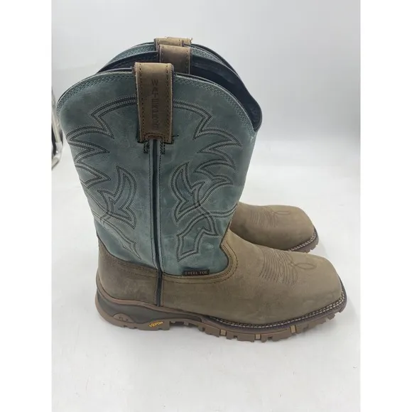 Tony lama mens 11D brown leather blue square steel toe cowboy boots roustabout