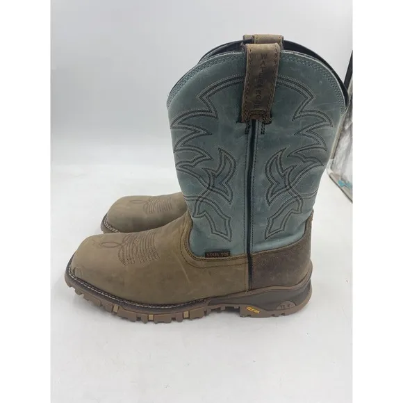 Tony lama mens 11D brown leather blue square steel toe cowboy boots roustabout