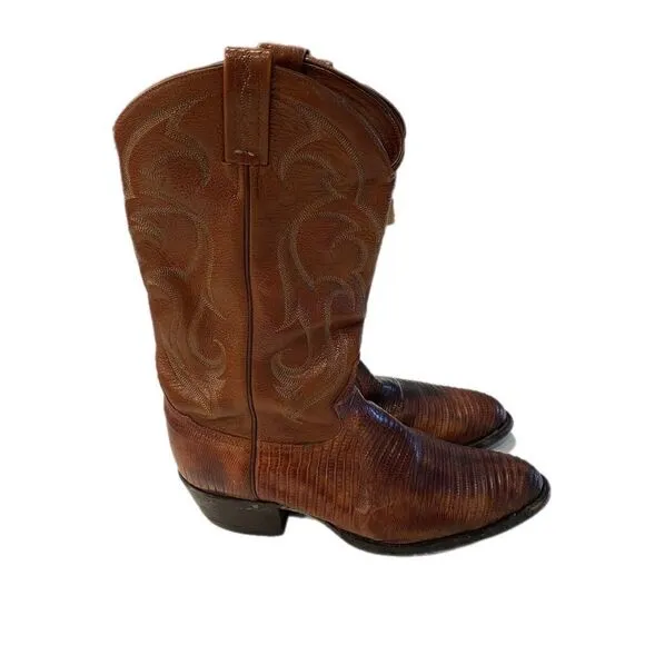 TONY LAMA PEANUT BRITTLE TEJU LIZARD &amp; LEATHER R TOE COWBOY BOOTS CZ812 MEN'S 9D