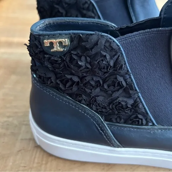 TORY BURCH Rosette High Top Nappa Navy Leather Sneakers Size 9 Barely Worn