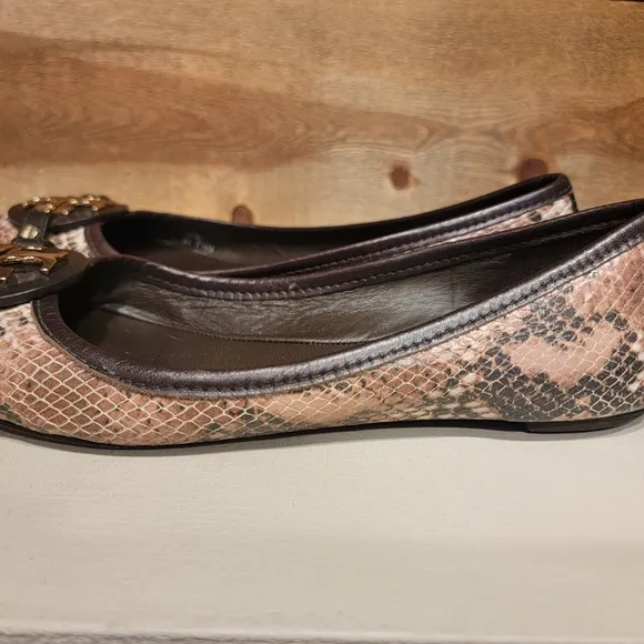 Tory Burch Women's Ballet Flats In Shades Of Brown Snakeskin Leather Size 7.5