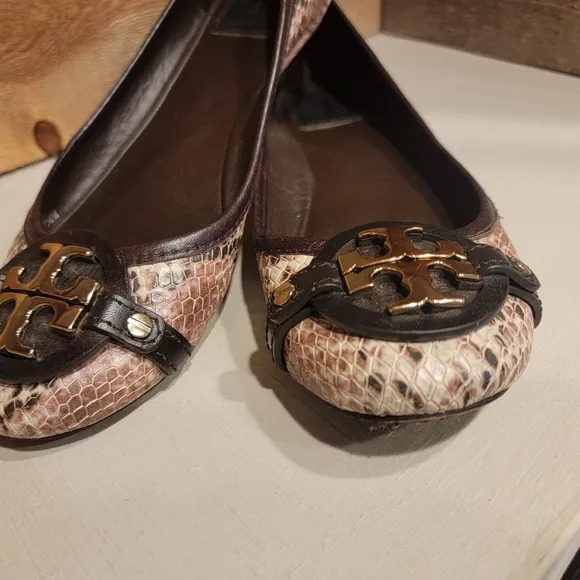 Tory Burch Women's Ballet Flats In Shades Of Brown Snakeskin Leather Size 7.5