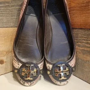 Tory Burch Women's Ballet Flats In Shades Of Brown Snakeskin Leather Size 7.5