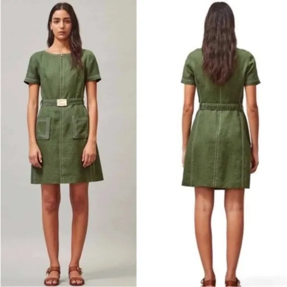 Tory Burch womens belted lined green casual shift mini dress size 0