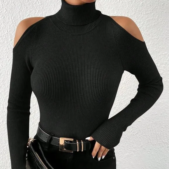 Turtleneck Cold Shoulder Ribbed Knit Sweater Black