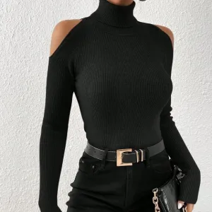 Turtleneck Cold Shoulder Ribbed Knit Sweater Black