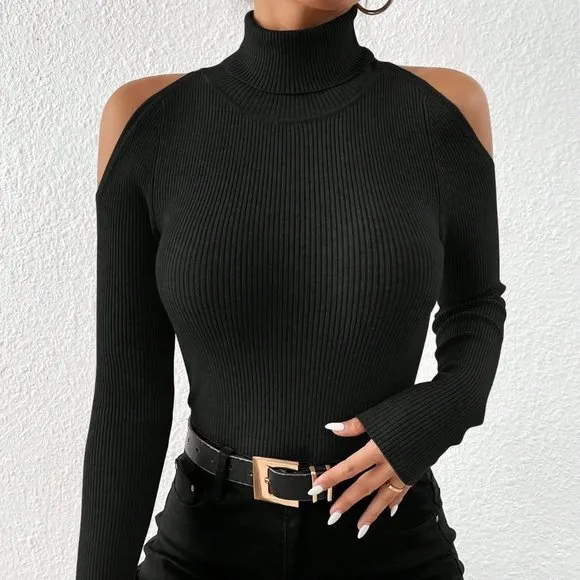 Turtleneck Cold Shoulder Ribbed Knit Sweater Black
