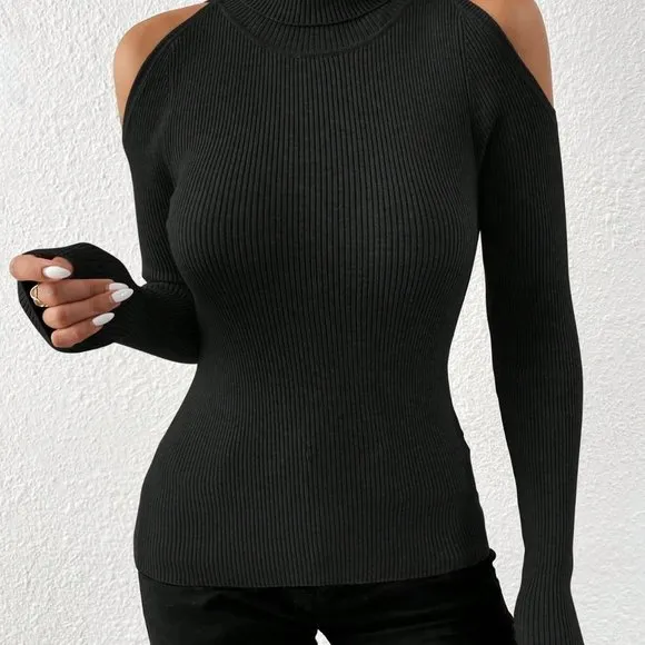 Turtleneck Cold Shoulder Ribbed Knit Sweater Black