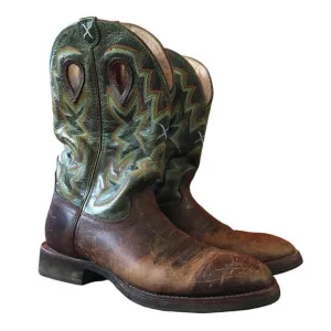 Twisted X 12&quot; Western Work Boot Pull On Green Brown Mens 11 D MHM0015 Ranch