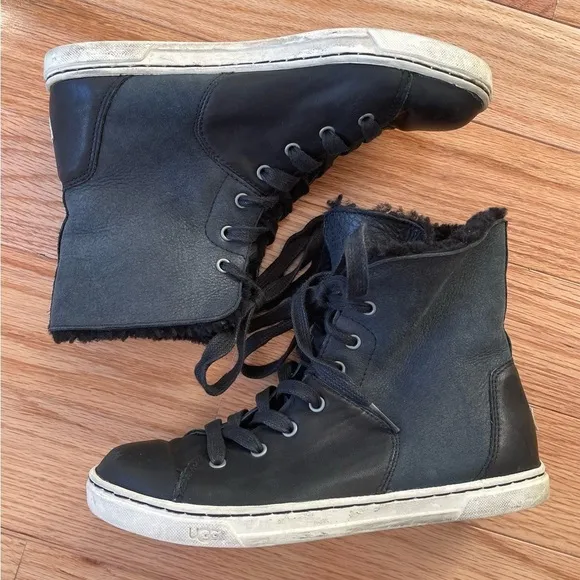 UGG Black Croft Luxe Quilt Shearling Lined Leather Suede High Top Sneakers 6.5