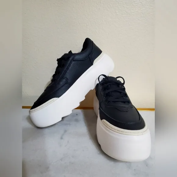 UGG Marin Lace Black Platform Leather Sneakers Women's Shoe 10 NEW