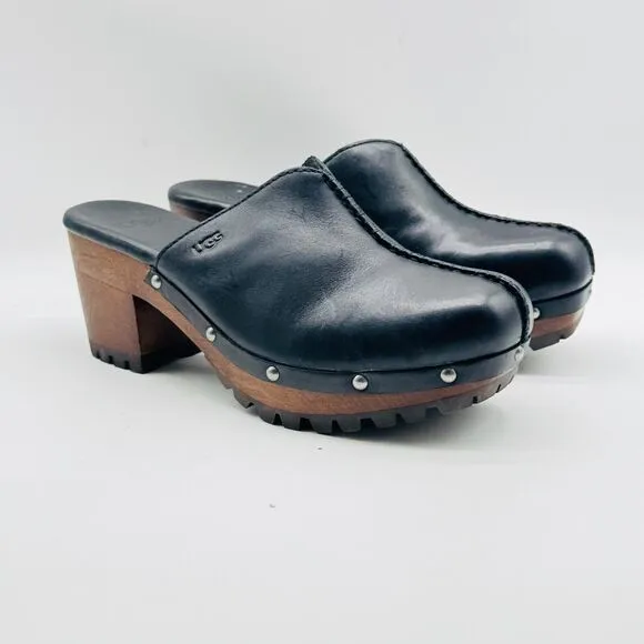 Ugg Shoes Womens 8 Black Leather Mules Clogs Fleece Lined Festival Boho Heel NEW