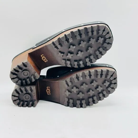 Ugg Shoes Womens 8 Black Leather Mules Clogs Fleece Lined Festival Boho Heel NEW