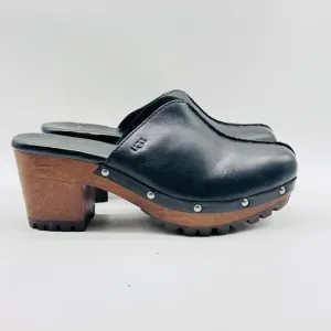 Ugg Shoes Womens 8 Black Leather Mules Clogs Fleece Lined Festival Boho Heel NEW