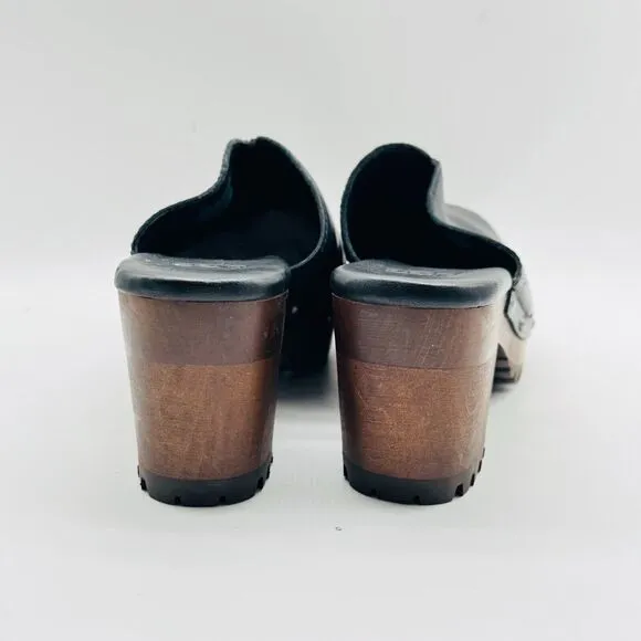 Ugg Shoes Womens 8 Black Leather Mules Clogs Fleece Lined Festival Boho Heel NEW