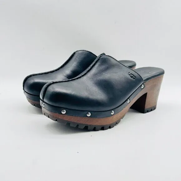 Ugg Shoes Womens 8 Black Leather Mules Clogs Fleece Lined Festival Boho Heel NEW