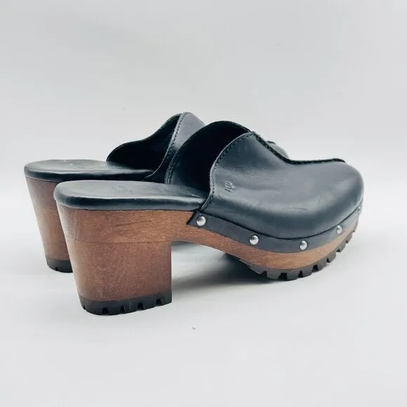 Ugg Shoes Womens 8 Black Leather Mules Clogs Fleece Lined Festival Boho Heel NEW