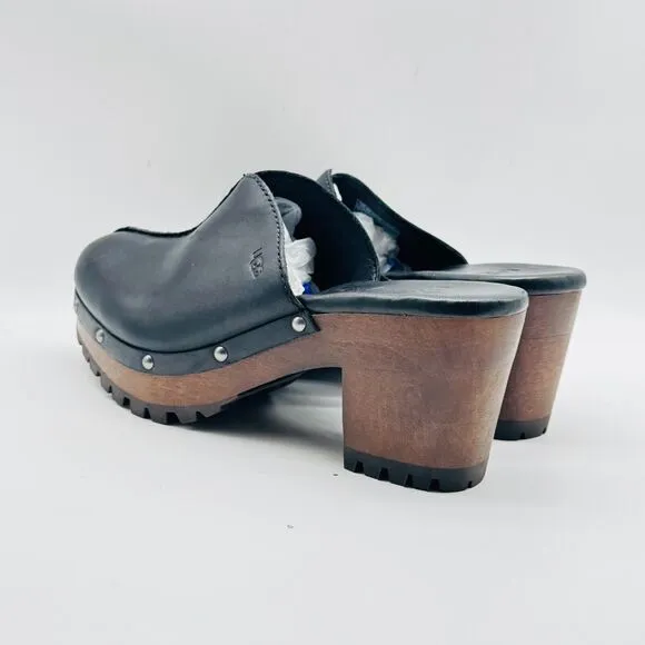 Ugg Shoes Womens 8 Black Leather Mules Clogs Fleece Lined Festival Boho Heel NEW